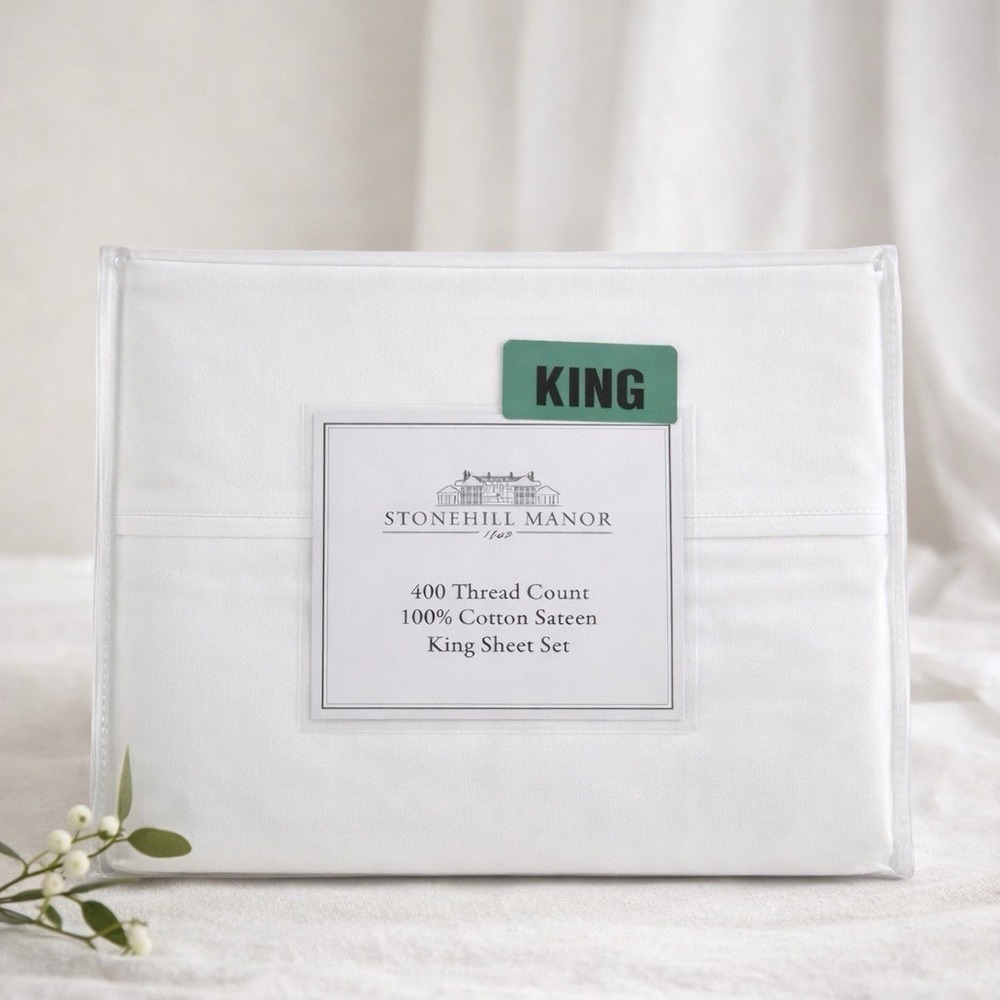 Stonehill Manor White Sateen Sheet Set King 400 Thread Count Cotton Luxury